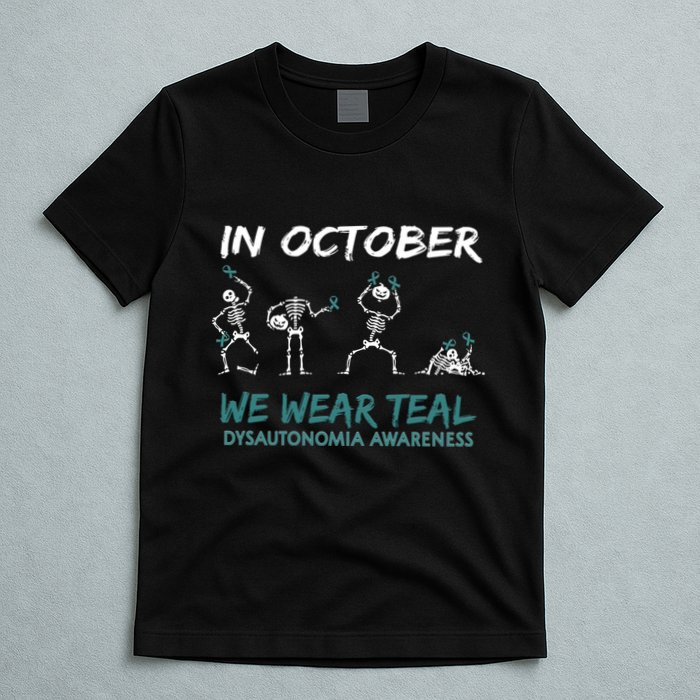Teal Ribbon Dysautonomia Awareness Skeleton Halloween T-Shirt