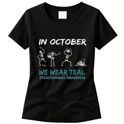 Teal Ribbon Dysautonomia Awareness Skeleton Halloween Womens T-Shirt