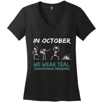 Teal Ribbon Dysautonomia Awareness Skeleton Halloween Women's V-Neck T-Shirt