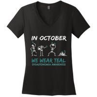 Teal Ribbon Dysautonomia Awareness Skeleton Halloween Women's V-Neck T-Shirt
