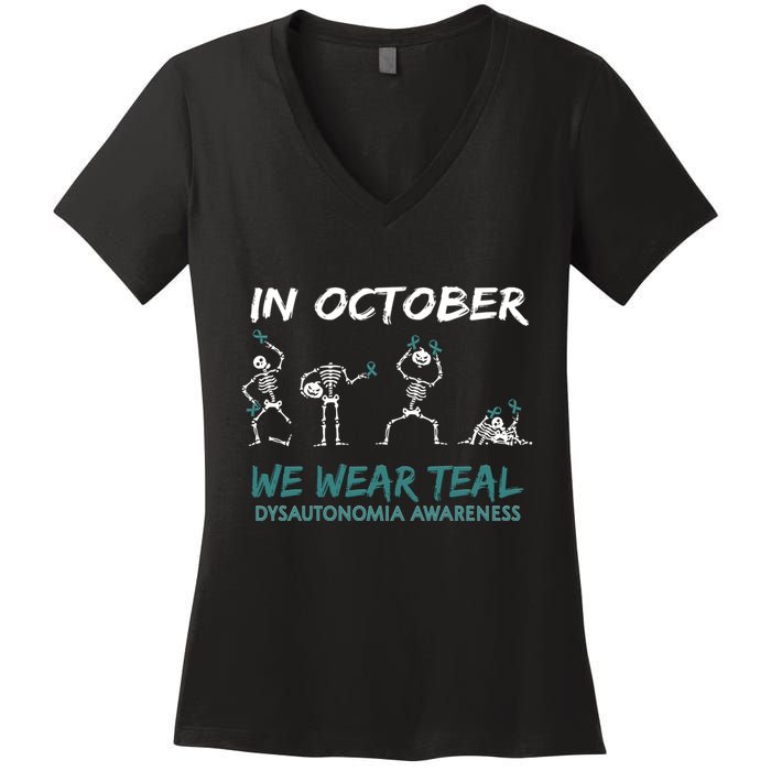 Teal Ribbon Dysautonomia Awareness Skeleton Halloween Women's V-Neck T-Shirt