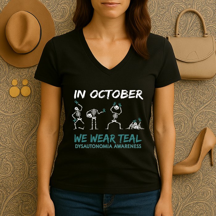 Teal Ribbon Dysautonomia Awareness Skeleton Halloween Women's V-Neck T-Shirt