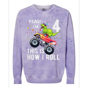 T Rex Dinosaur Monster Truck 4th Birthday And Colorblast Crewneck Sweatshirt