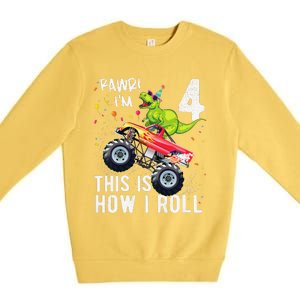 T Rex Dinosaur Monster Truck 4th Birthday And Premium Crewneck Sweatshirt