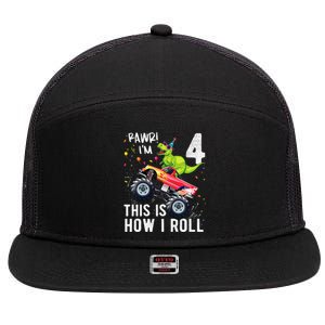 T Rex Dinosaur Monster Truck 4th Birthday And 7 Panel Mesh Trucker Snapback Hat