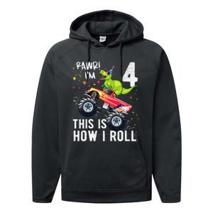 T Rex Dinosaur Monster Truck 4th Birthday And Performance Fleece Hoodie