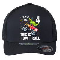 T Rex Dinosaur Monster Truck 4th Birthday And Flexfit Unipanel Trucker Cap