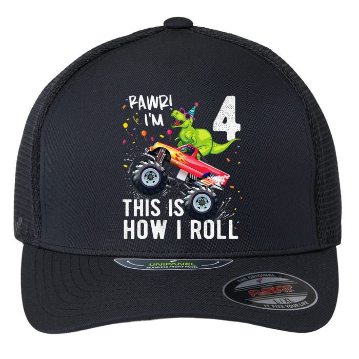 T Rex Dinosaur Monster Truck 4th Birthday And Flexfit Unipanel Trucker Cap