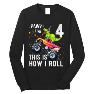 T Rex Dinosaur Monster Truck 4th Birthday And Long Sleeve Shirt