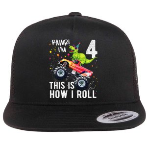 T Rex Dinosaur Monster Truck 4th Birthday And Flat Bill Trucker Hat