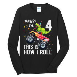 T Rex Dinosaur Monster Truck 4th Birthday And Tall Long Sleeve T-Shirt