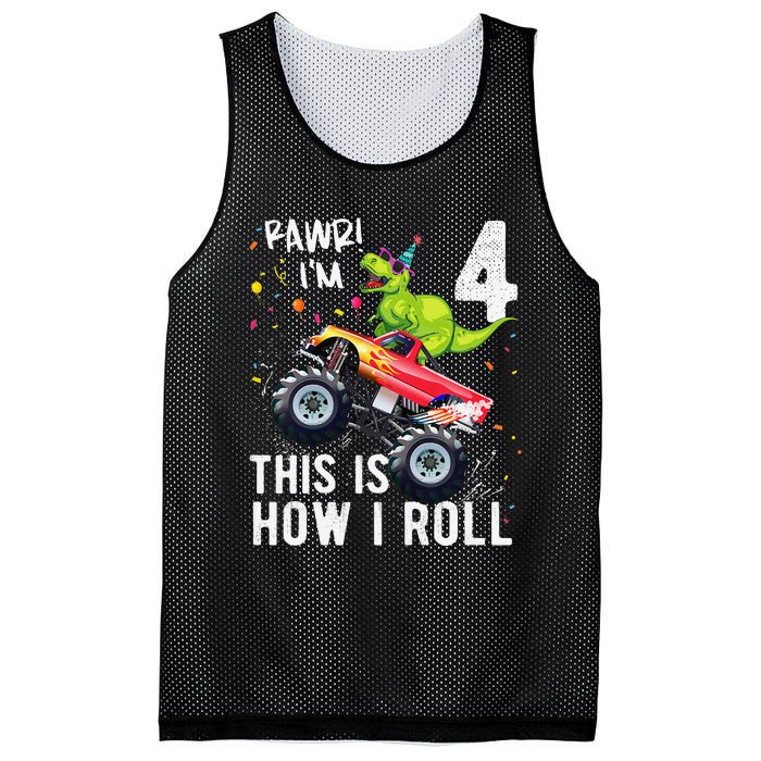 T Rex Dinosaur Monster Truck 4th Birthday And Mesh Reversible Basketball Jersey Tank