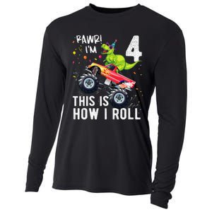 T Rex Dinosaur Monster Truck 4th Birthday And Cooling Performance Long Sleeve Crew