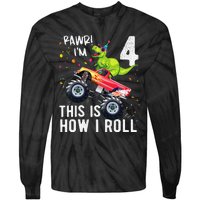 T Rex Dinosaur Monster Truck 4th Birthday And Tie-Dye Long Sleeve Shirt