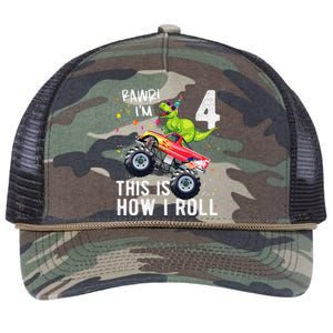 T Rex Dinosaur Monster Truck 4th Birthday And Retro Rope Trucker Hat Cap