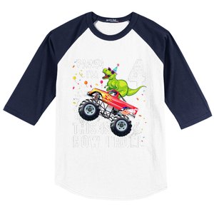 T Rex Dinosaur Monster Truck 4th Birthday And Baseball Sleeve Shirt