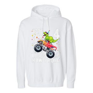 T Rex Dinosaur Monster Truck 4th Birthday And Garment-Dyed Fleece Hoodie