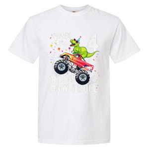 T Rex Dinosaur Monster Truck 4th Birthday And Garment-Dyed Heavyweight T-Shirt