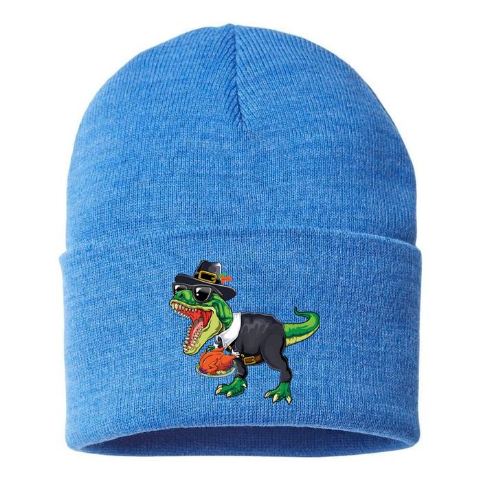 T Rex Dinosaurs With Turkey And Funny Thanksgiving Costume Gift Sustainable Knit Beanie