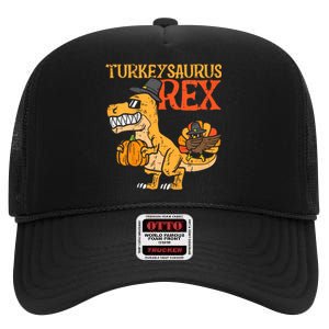 Turkeysaurus Rex Dab Turkey Dino Thanksgiving High Crown Mesh Back Trucker Hat