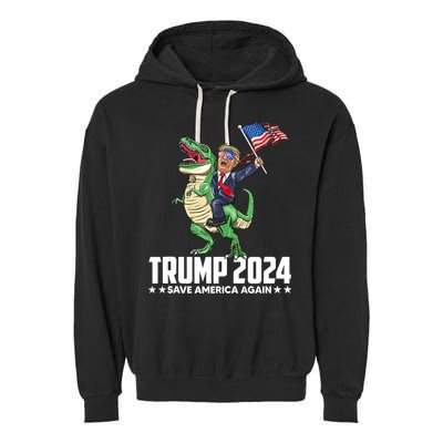 Trump Riding Dinosaur Save America Again Garment-Dyed Fleece Hoodie