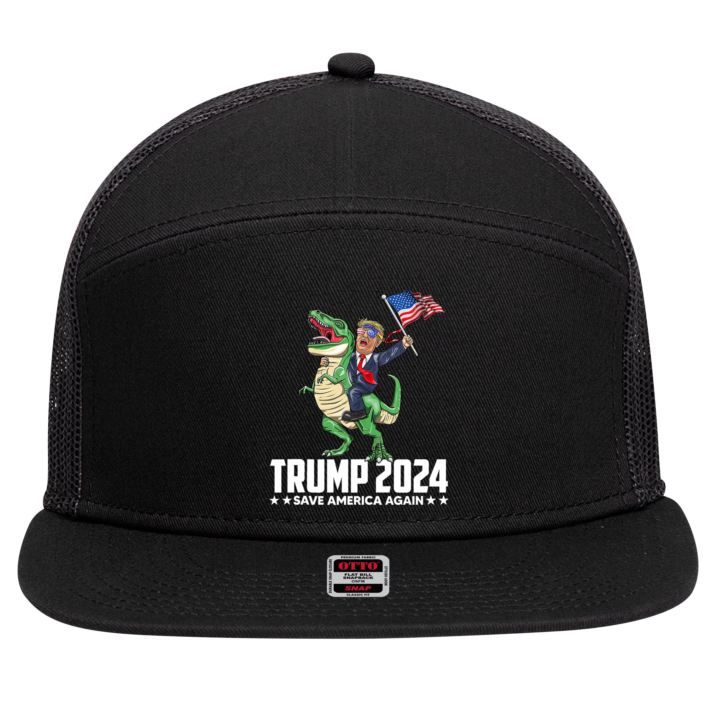 Trump Riding Dinosaur Save America Again 7 Panel Mesh Trucker Snapback Hat