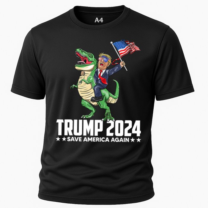 Trump Riding Dinosaur Save America Again Cooling Performance Crew T-Shirt