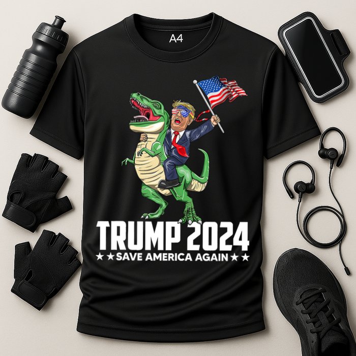 Trump Riding Dinosaur Save America Again Cooling Performance Crew T-Shirt