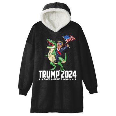 Trump Riding Dinosaur Save America Again Hooded Wearable Blanket