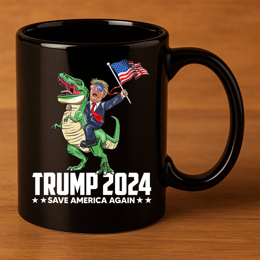 Trump Riding Dinosaur Save America Again 11oz C Handle Ceramic Mug