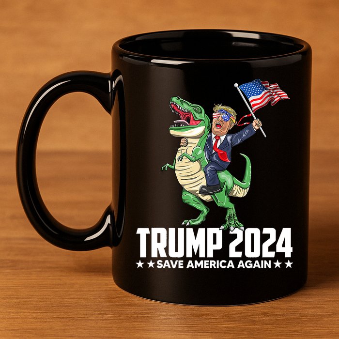Trump Riding Dinosaur Save America Again 11oz C Handle Ceramic Mug