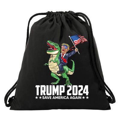 Trump Riding Dinosaur Save America Again Drawstring Bag