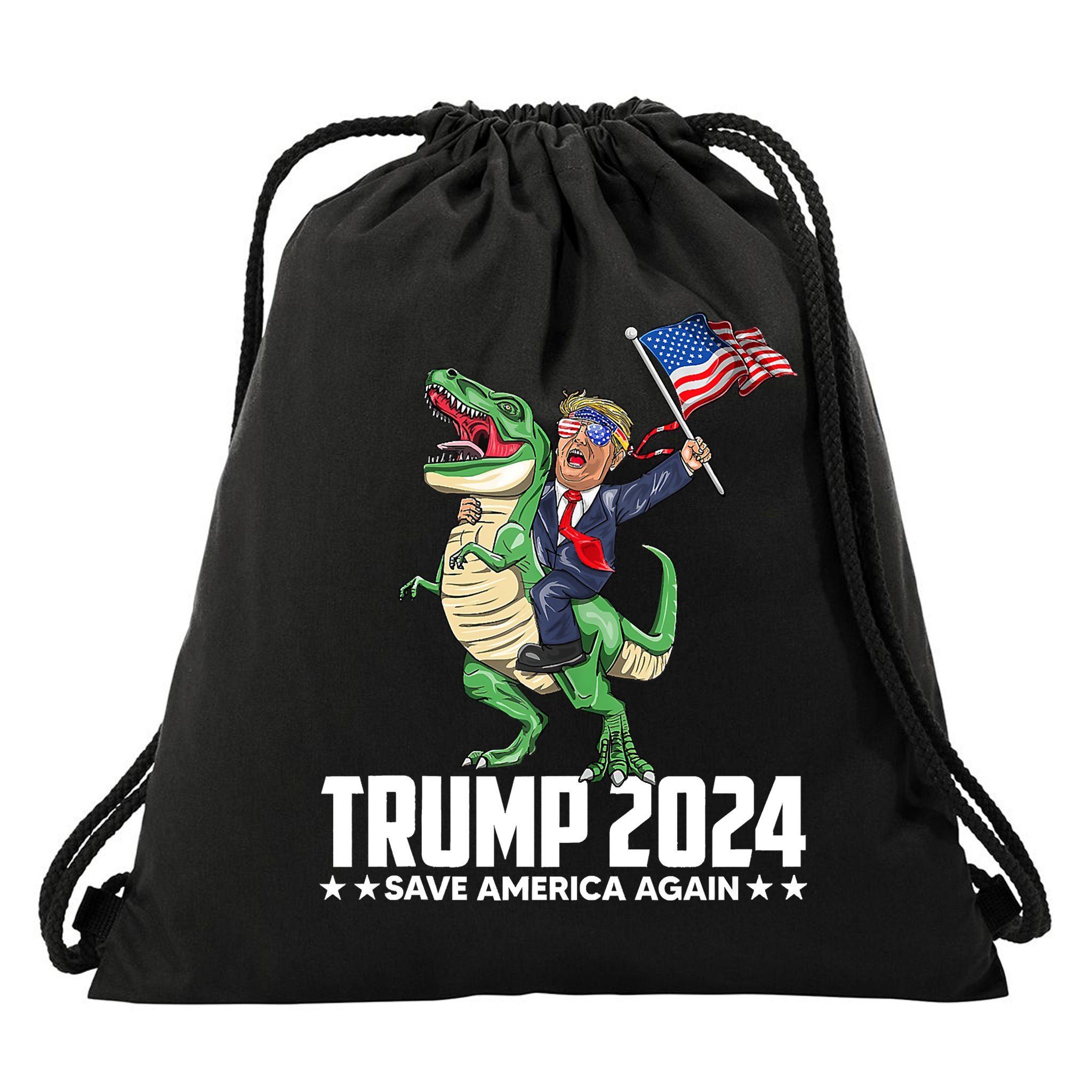 Trump Riding Dinosaur Save America Again Drawstring Bag