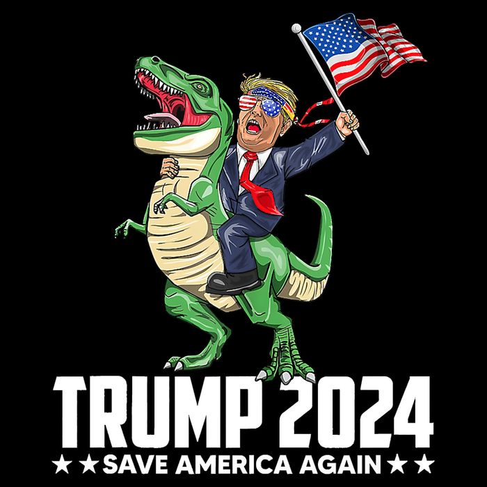 Trump Riding Dinosaur Save America Again Drawstring Bag