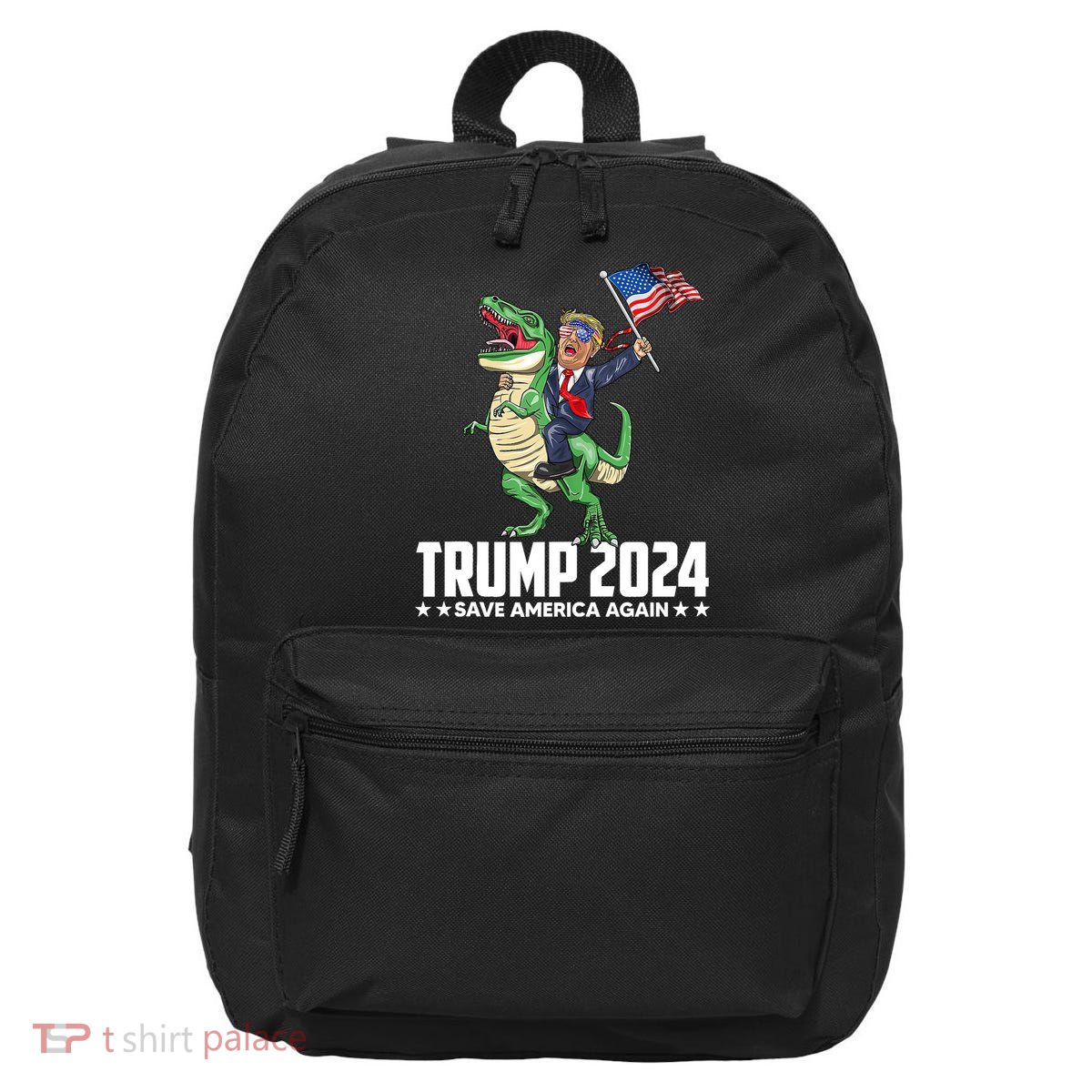 Trump Riding Dinosaur Save America Again 16 in Basic Backpack