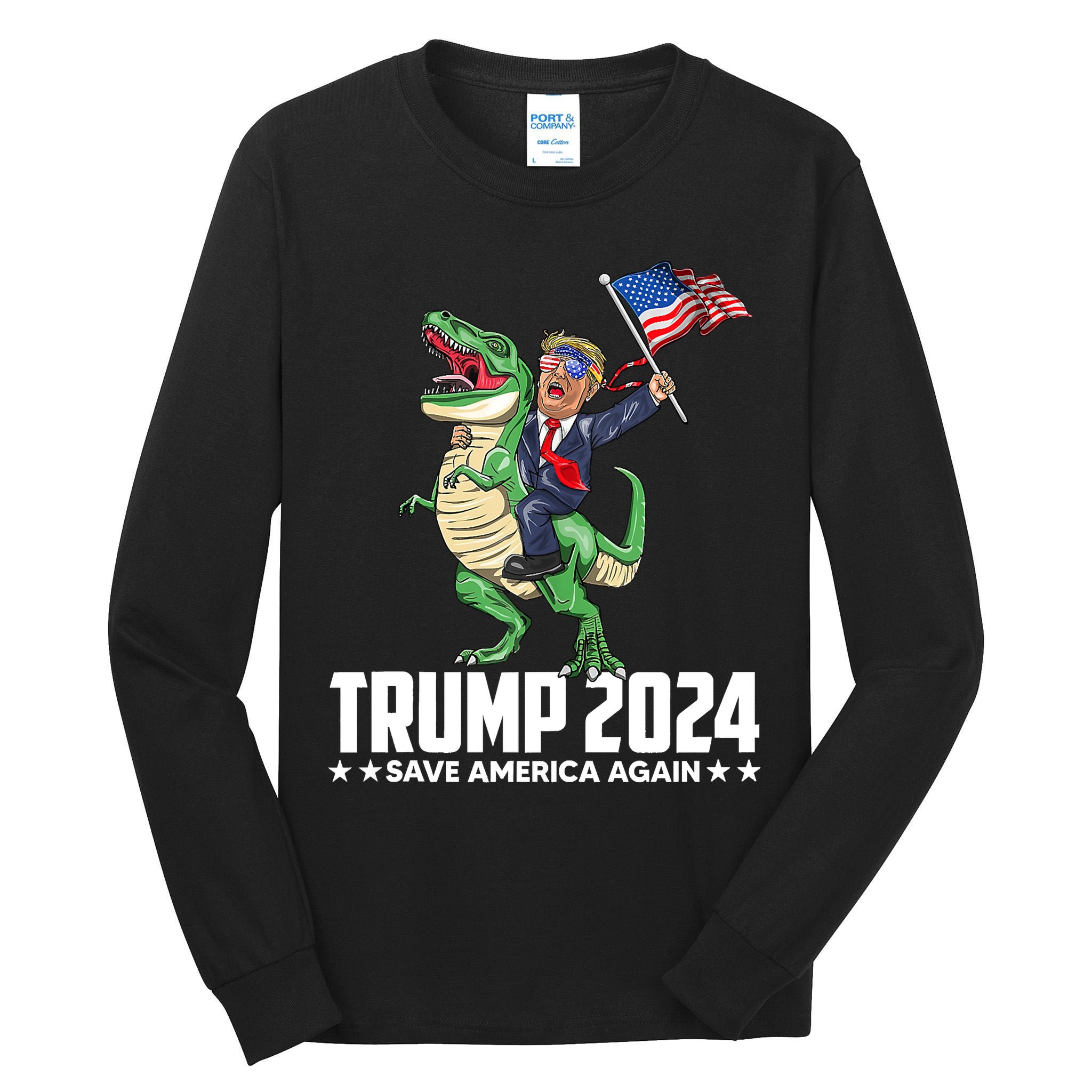 Trump Riding Dinosaur Save America Again Tall Long Sleeve T-Shirt