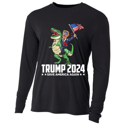 Trump Riding Dinosaur Save America Again Cooling Performance Long Sleeve Crew