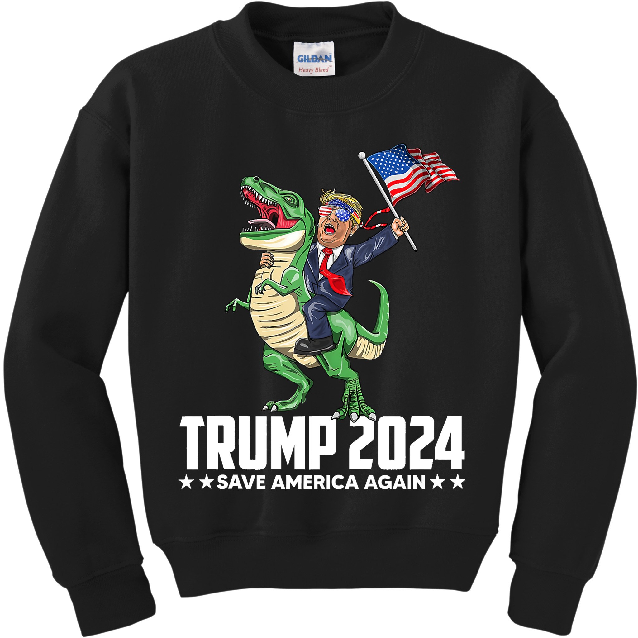 Trump Riding Dinosaur Save America Again Kids Sweatshirt