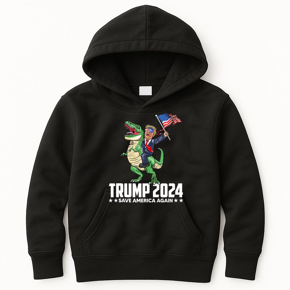 Trump Riding Dinosaur Save America Again Kids Hoodie