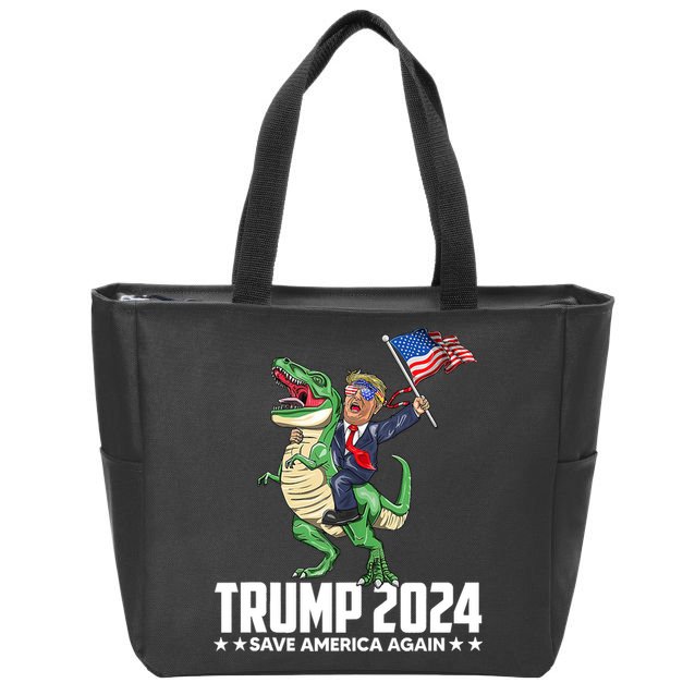 Trump Riding Dinosaur Save America Again Zip Tote Bag