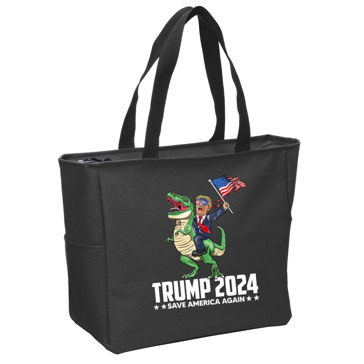 Trump Riding Dinosaur Save America Again Zip Tote Bag
