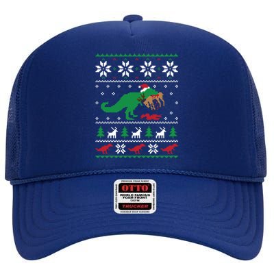 T Rex Eating Reindeer Funny Dinosaur Christmas Ugly Gift High Crown Mesh Back Trucker Hat