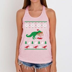 T Rex Eating Reindeer Funny Dinosaur Christmas Ugly Gift Women's Knotted Racerback Tank