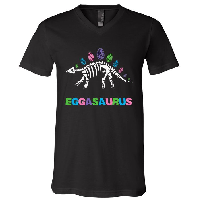 T Rex Eggasaurus Easter Day Skeleton Stegosaurus Dinosaur V-Neck T-Shirt