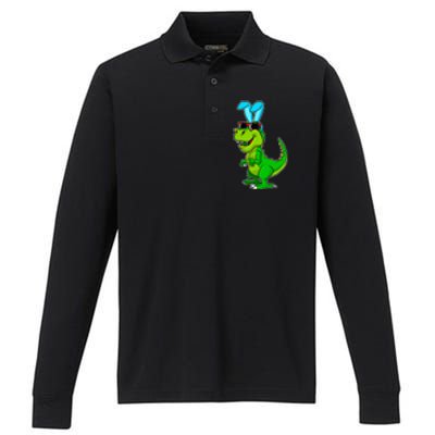 T Rex Easter Bunny Funny Dinosaur Boys Basket Stuffers Performance Long Sleeve Polo