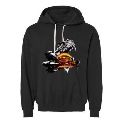 T Rex Eating Burger Garment-Dyed Fleece Hoodie