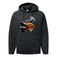 T Rex Eating Burger Performance Fleece Hoodie