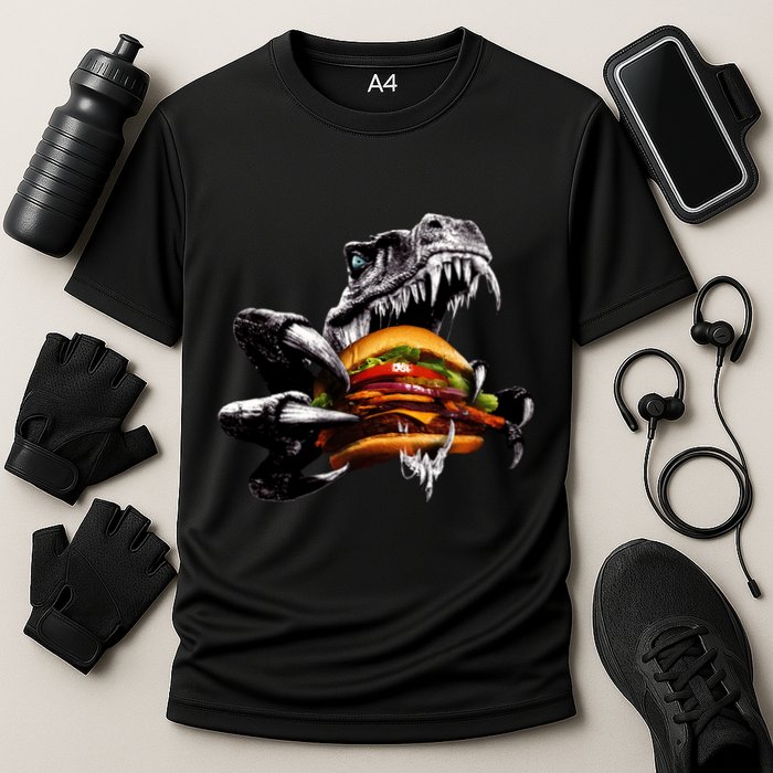 T Rex Eating Burger Cooling Performance Crew T-Shirt