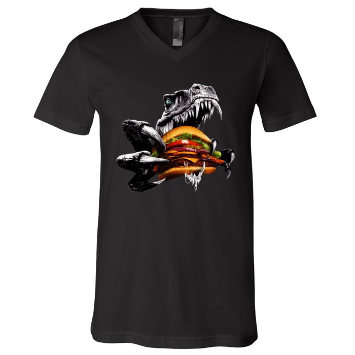 T Rex Eating Burger V-Neck T-Shirt