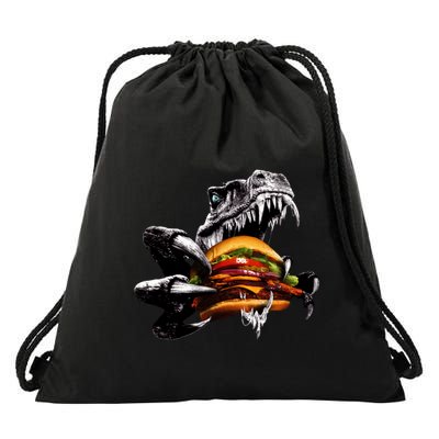 T Rex Eating Burger Drawstring Bag